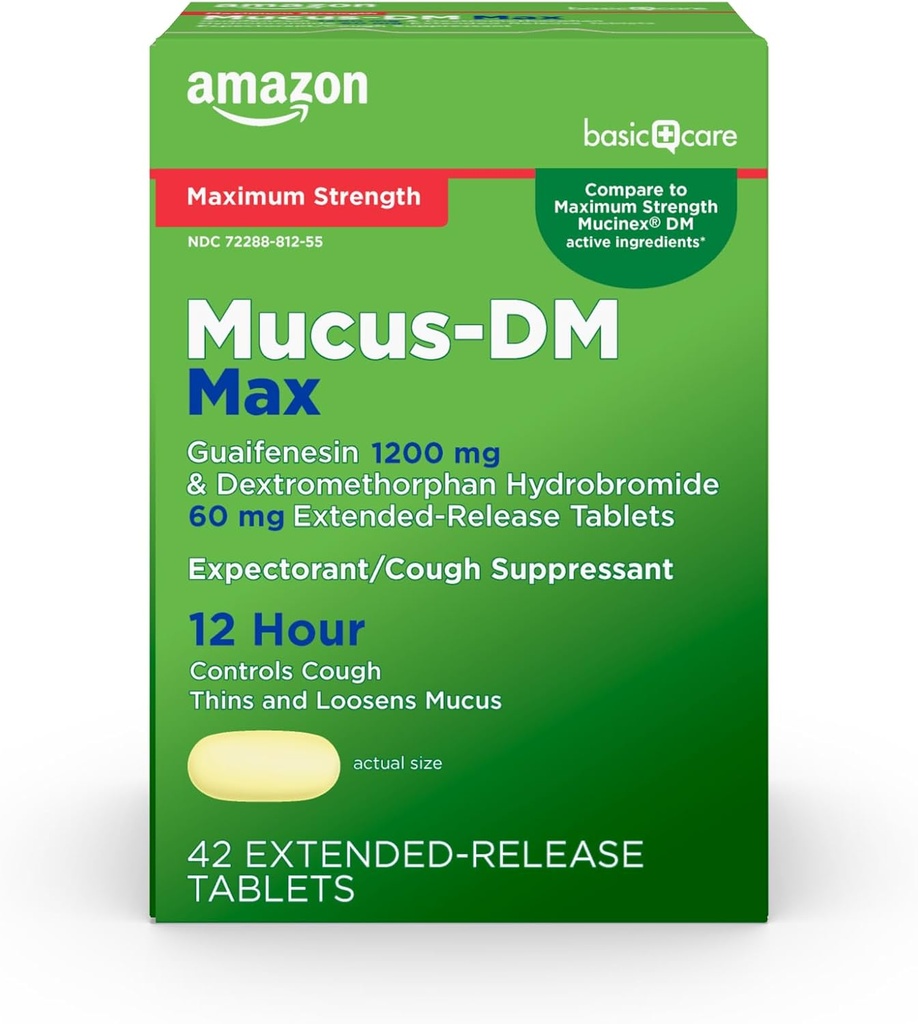 Amazon Basic Care Maximum Strength Mucus DM, Expectorant et Comprimés de suppression de la toux à libération prolongée, 42 Compte