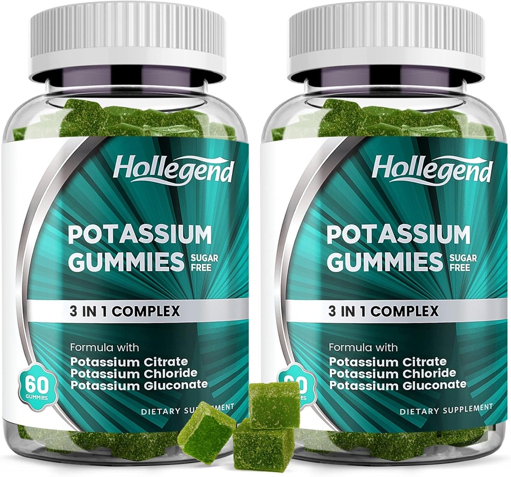 Potassium 3 en 1 Gommies complexes sans sucre, nouvelle formule avec 99 mg de citrate de potassium, chlorure de potassium, gluconate de potassium, crampes des jambes et suppléments musculaires, 120 à croquer