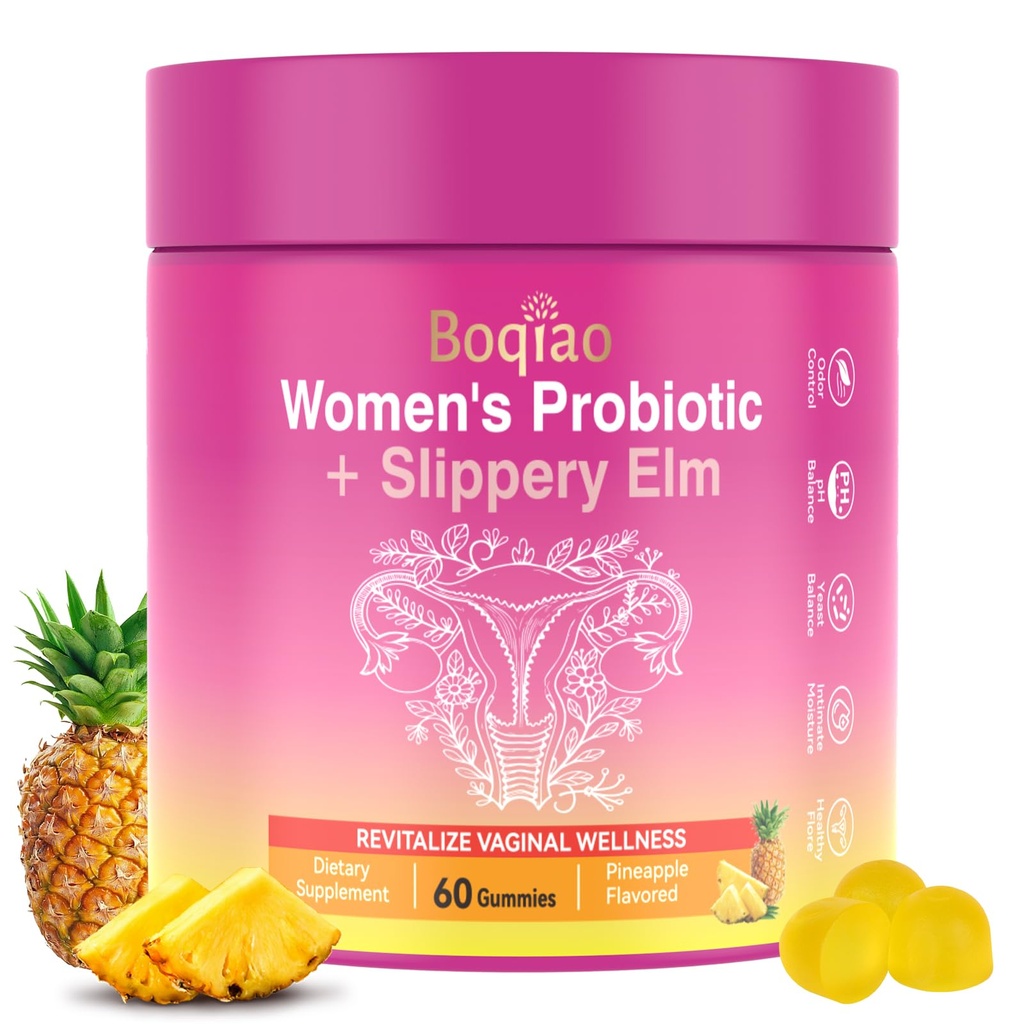 Feminine Probiotics Gummies with Slippery Elm - 60 Pineapple Gummies for Women ph Balance, Vaginal Probiotics Supports Flora, Gut Health & Immune System, Prebiotics & Lactobacillus Blend (Pineapple)