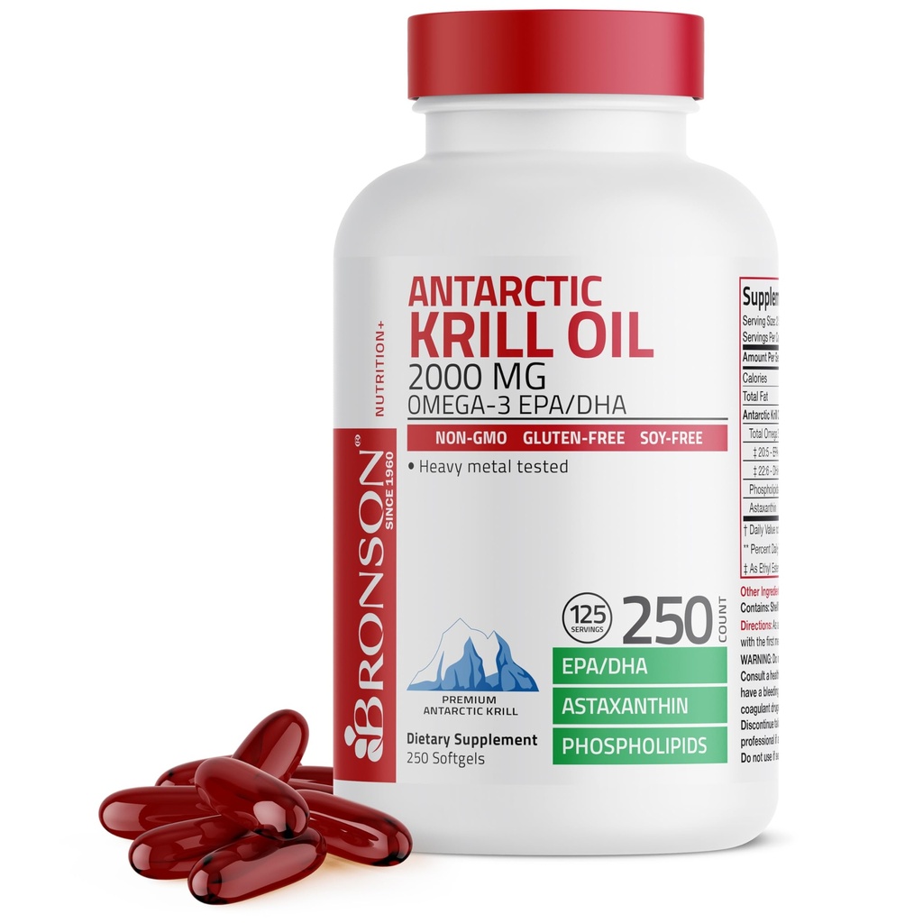 Bronson Antarctique Krill Oil 2000 mg avec Omega-3s EPA, DHA, Astaxanthin et Phospholipides, 250 Softgels (125 portions)