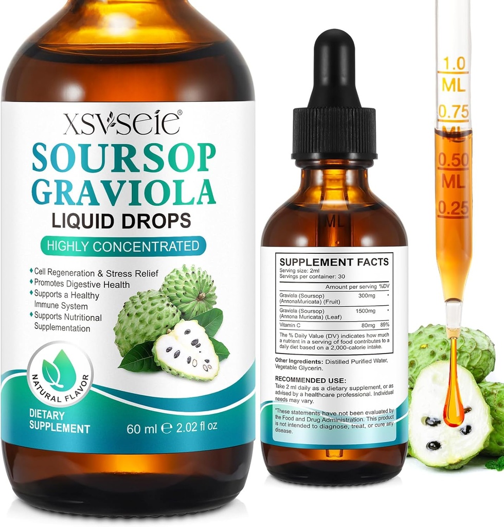 Soursop Graviola goutte liquide, huile Soursop pour le soutien et la régénération, Immune Boost, Relax, foie et sommeil, Soursop Bitters liquide, végétalien, sucre et sans gluten, saveur naturelle, pour les hommes et les femmes-2 Fl Oz