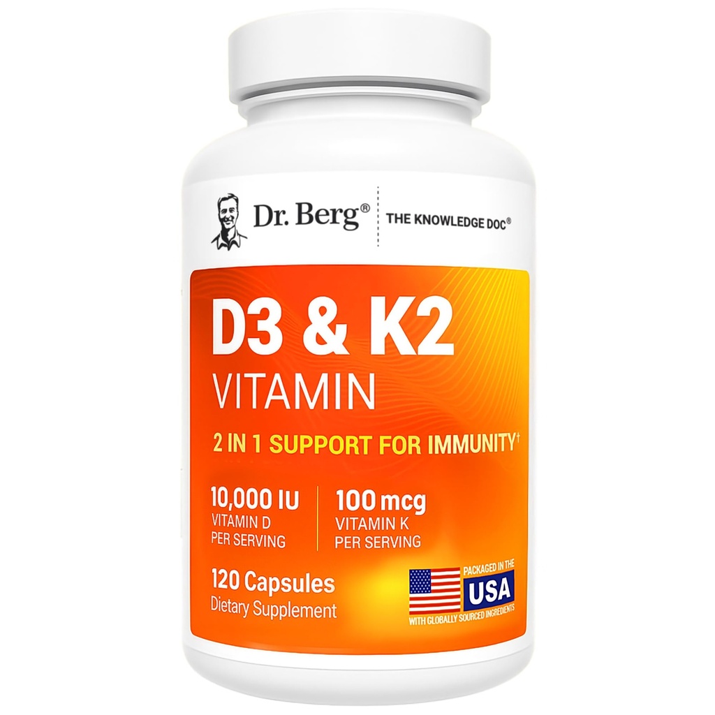 Dr Berg Résistance maximale 2-en-1 Vitamine D3 K2 10 000 UI , naturellement dérivée D3 , 4X Lab-Tested & Verified , Formule d'absorption élevée K2 D3 Supplément de vitamine - 120 capsules
