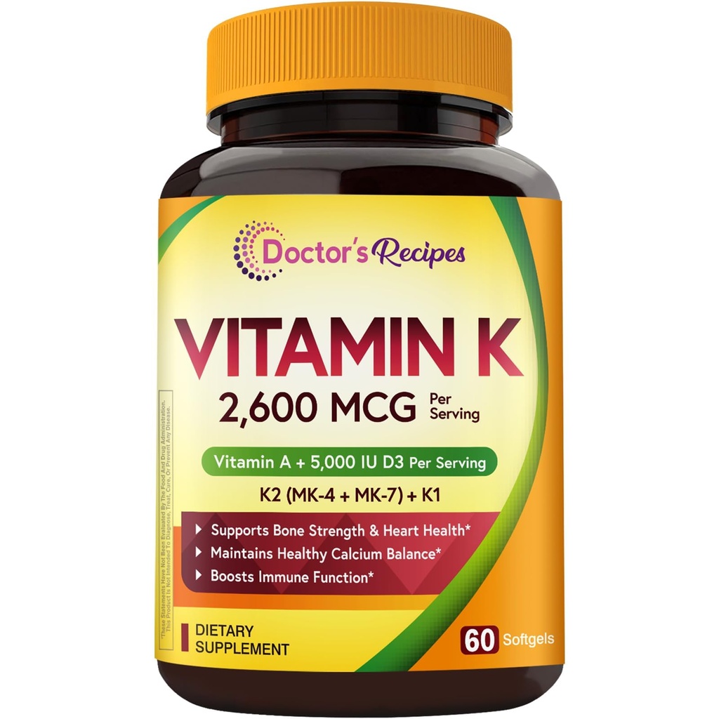 Doctor's Recipes Vitamin K with Vitamin A & D3, K1 + K2 (MK-7 & MK-4), 2,600mcg Per Serving, Enhanced Bioavailable Formula, Max Absorption, Heart & Bone Support, 60 Softgels