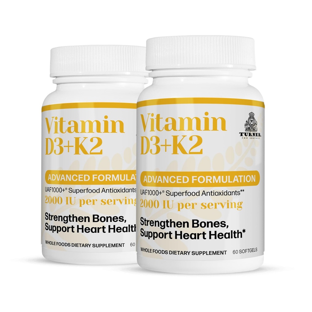 TURNER Vitamin D3 and K2 Caps, High Potency D3 2000IU and K2 (MK7) 80mcg, Unique VIT D3 from 100% New Zealand Sheep's Wool Lanolin. 120 Softgels 2 Month Supply