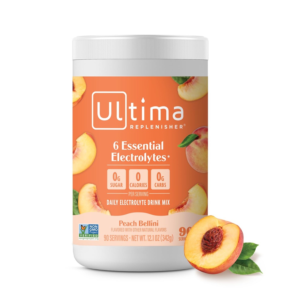 Ultima Replenisher Mocktini Electrolyte Powder Drink Mix – Sugar Free – Peach Bellini, 90 Servings – Hydration Powder with 6 Key Electrolytes and Trace Minerals – Keto Friendly, Non-GMO