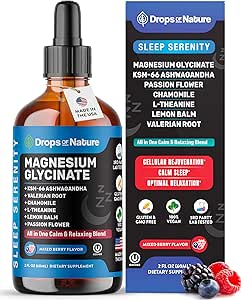 Glycinat de magnésium et gouttes liquides d'Ashwagandha avec racine valériane, camomille, fleur de passion, baume citron et L-théanine - Absorption rapide végétalienne - Supplément pour le bien-être et la relaxation (Berry mixte, 60mL)