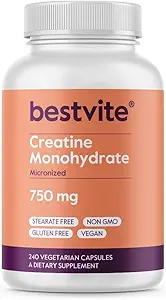 BESTVITE Creatine Monohydrate 750mg (240 Capsules végétariennes) - Micronisé - Pas de stéarate - Vegan - Non OGM - Pas de gélatine - Sans gluten - Capsules créatine