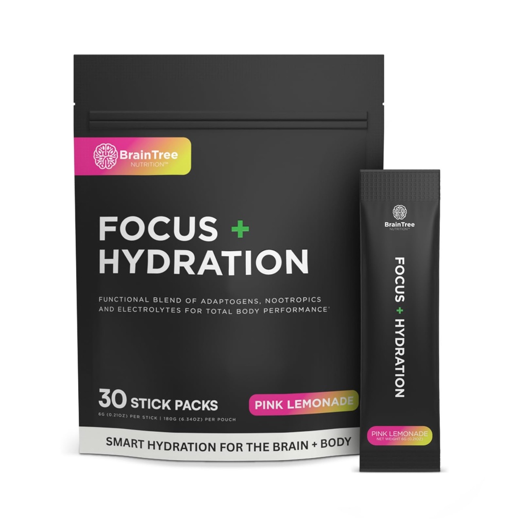 BrainTree Nutrition - Focus + Hydration - Electrolyte Drink Mix - Total Body Hydration - Supports Cognitive Function, Energy & Muscle Recovery - Sugar Free - Pink Lemonade - 30 Stick Packs