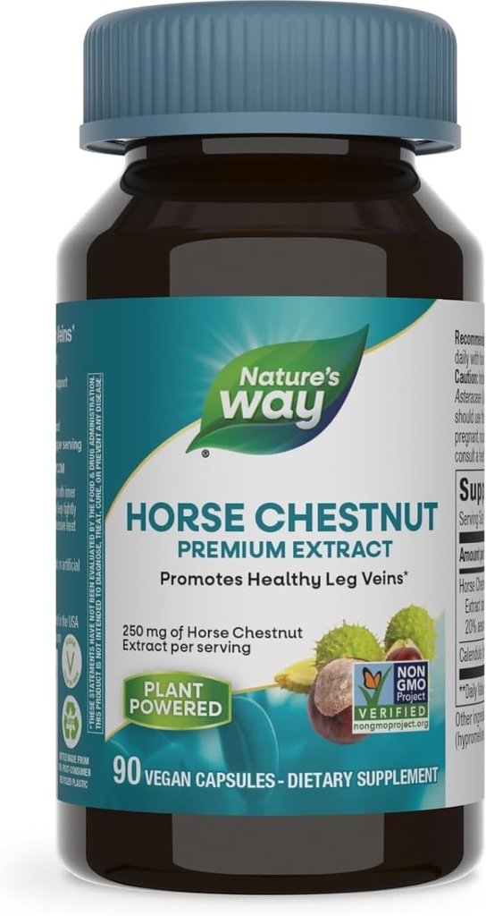 Nature's Way Extrait de châtaigne de cheval, extrait premium, favorise les veines des jambes saines*, 250 mg par portion, végétalien, 90 capsules (emballage mai Vary)