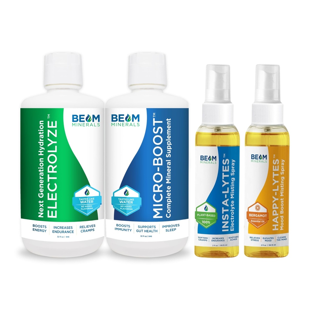 Boom Minerals Micro-Boost Humic Mineral Blend & Electrolyze Liquide et Insta-Lytes Electrolytes liquides naturels 2oz et Happy-Lytes Fluvic Spray de brouillard électrolytique 2oz