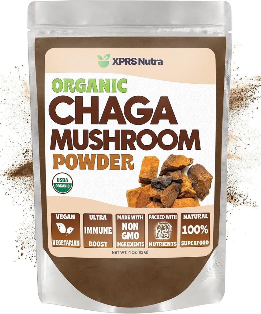 XPRS Nutra Bio Chaga Poudre de Champignons - Premium USDA Bio Chaga Poudre de Champignons - Chaga Poudre pour l'immunité - Vegan Friendly Superfood pour le thé et les boissons de Chaga (4 Once)