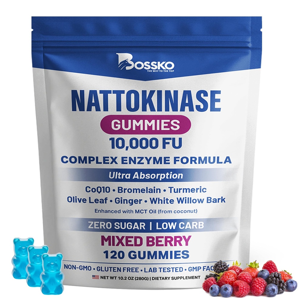 Nattokinase Gummies 10,000 FU 7-in-1 Ultra Absorption Cardiovascular Supplement with CoQ10 Bromelain Turmeric Ginger Olive Leaf & White Willow Bark for Men & Women Zero Sugar Low Carb MCT Oil Formula