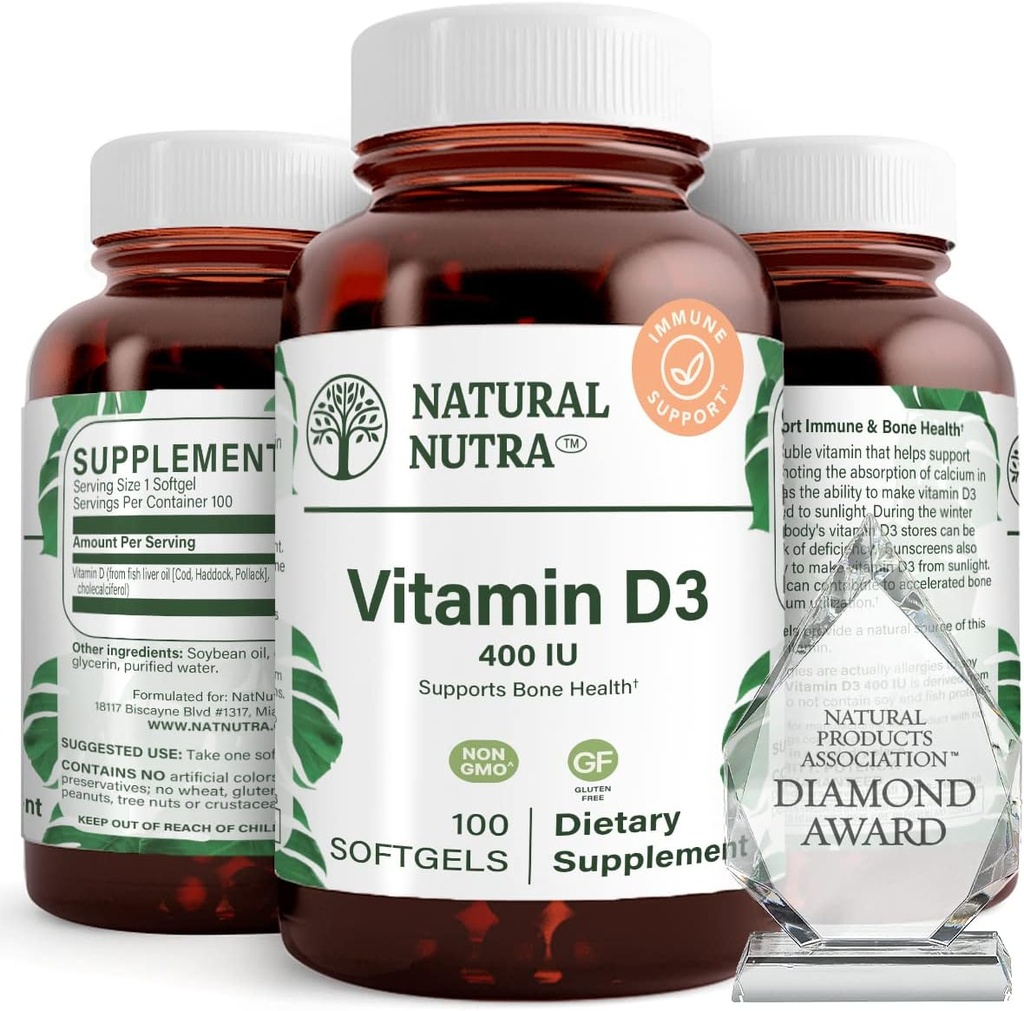 Nutra naturel suprême vitamine D3 400 UI Softgels, aide à booster l'immunité, soutient la santé pulmonaire, la vitamine solaire, aide à améliorer la santé cardiovasculaire, les os et les dents, sans gluten, 100 Softgels