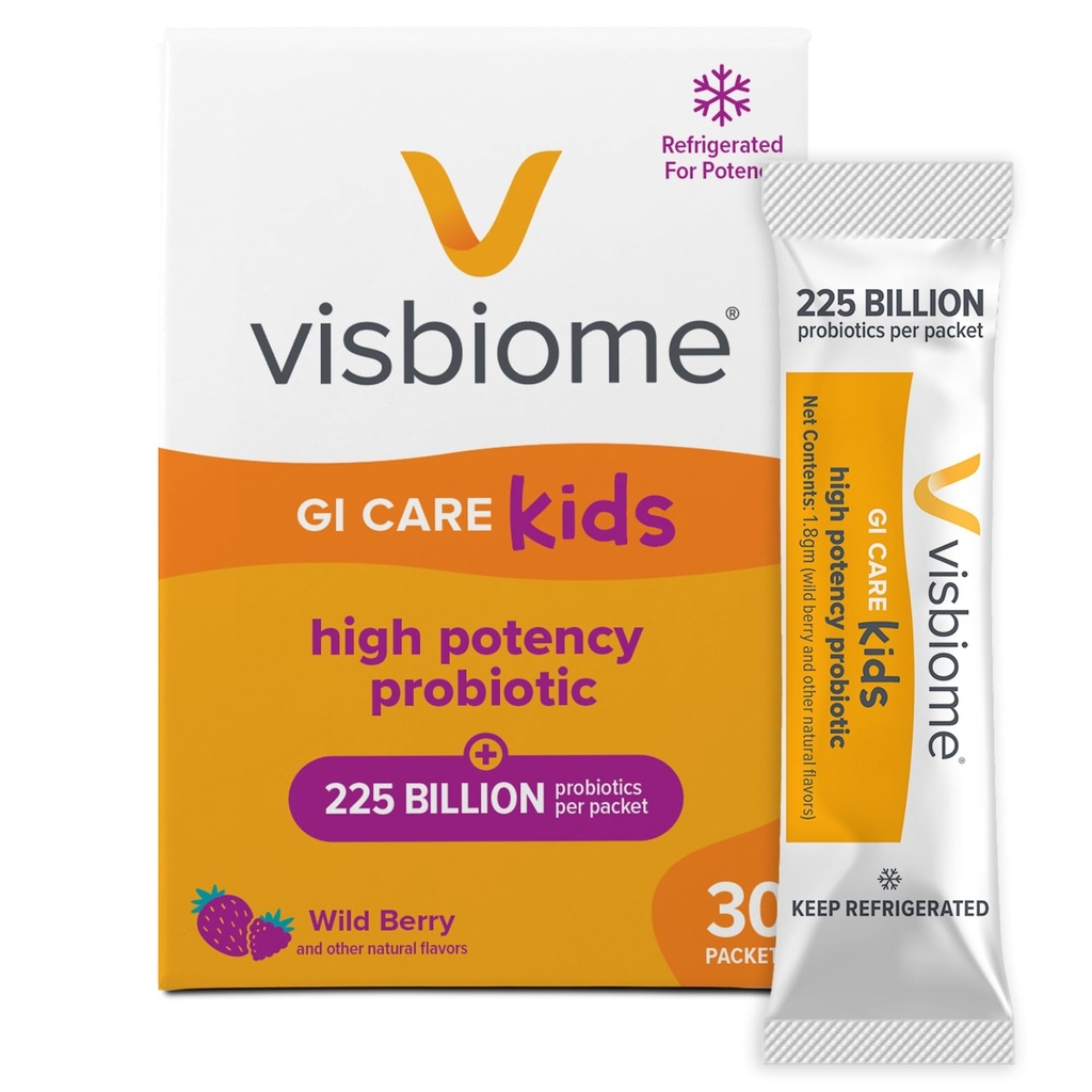 Visbiome® GI Care Kids - High Potency Probiotic for IBS & UC Symptoms - Wild Berry Flavor, No Dyes- 225 Billion CFU Live Probiotics for Children, Cold Chain Shipping, 30 Packets