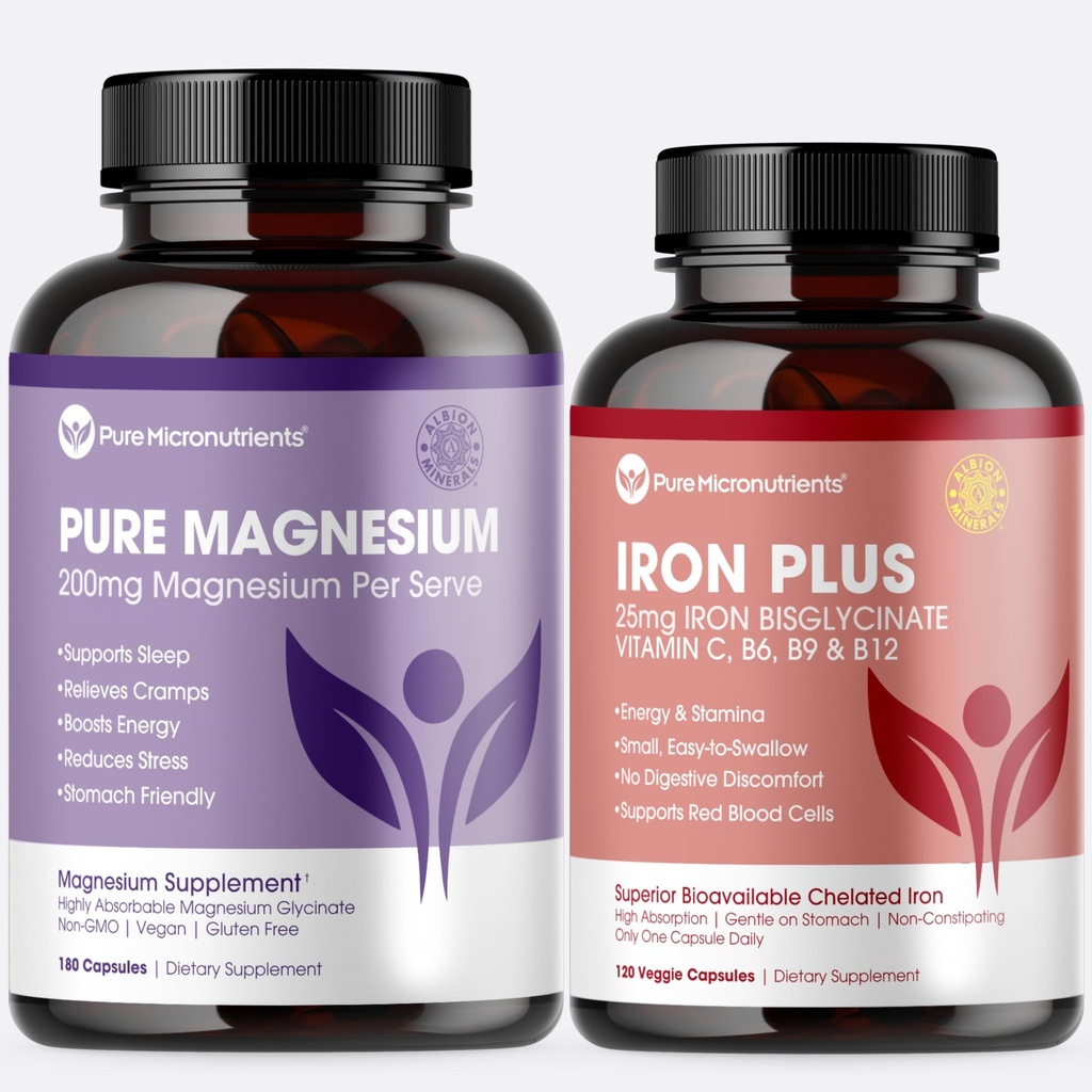 Mood, Energy & Muscle Bundle - Pure Magnesium Glycinate & Iron Plus Supplement - Boost Energy, Sleep, Immunity & Muscle Support, Pure Micronutrients