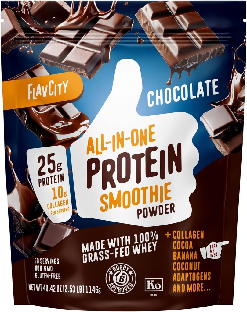 FlavCity Poudre de protéines de chocolat de lactosérum - 25g Protéines et 10g Collagène - Fabriqué avec du cacao biologique, des bananes et du lait de coco - Sans gluten et sans sucre ajouté (20 portions)