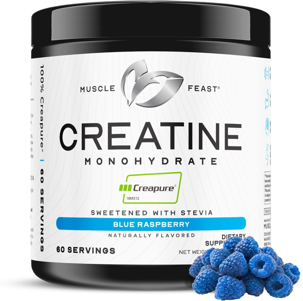 Poudre monohydratée de créatine de la Fête des muscles, sans gluten, supplément de récupération musculaire et créatine fiable pour la croissance musculaire, créatine aromatisée, framboise bleue naturelle, 300g