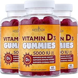 NOUVELLE AGE Vitamine D3 5000 UI 125mcg Gommies - Soutien immunitaire, santé osseuse forte - Non-OGM, sans gluten, sans lait, sans gélatine (180 Gommies (paquet de 3))