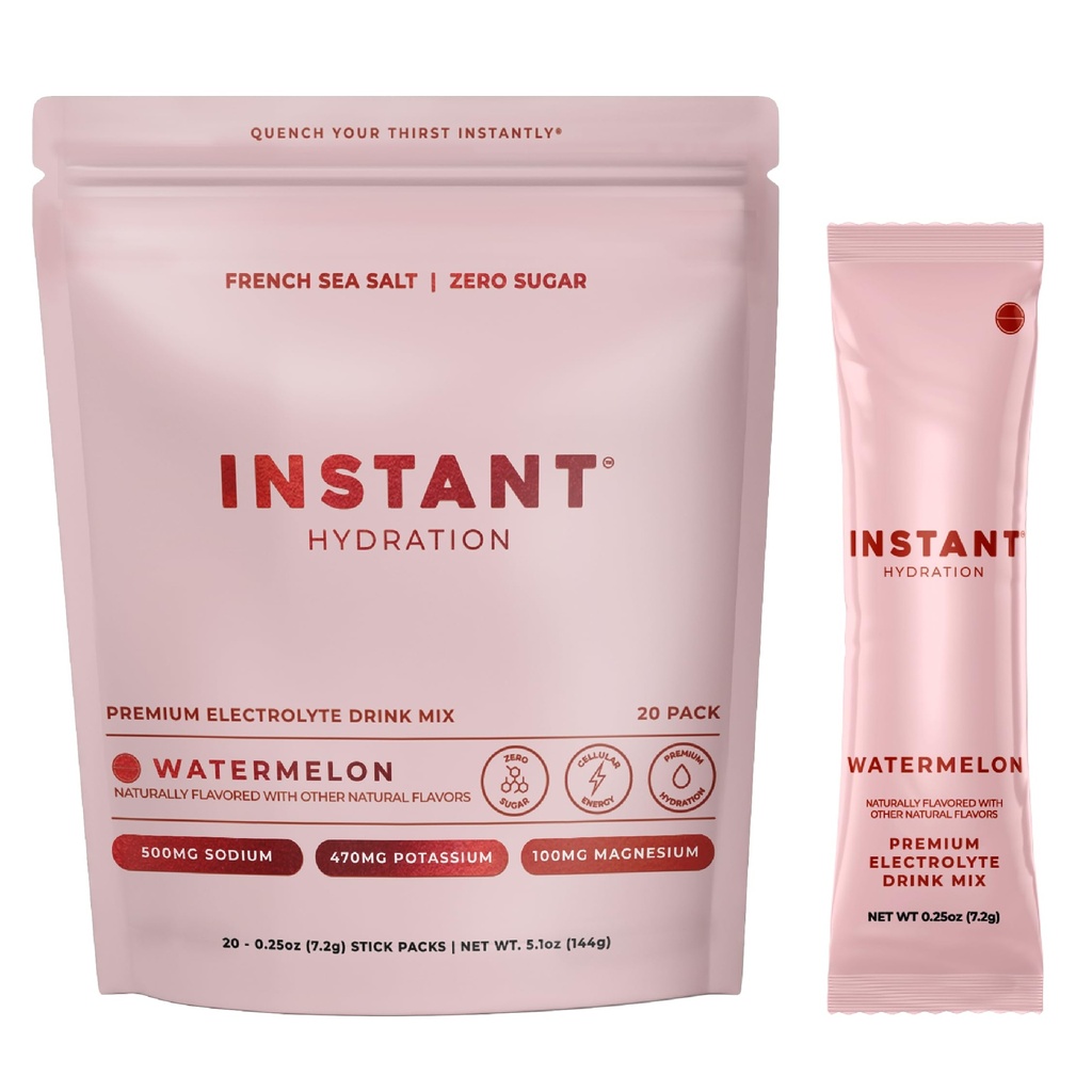 Instant Hydration Sugar Free Electrolytes Powder Packets - Watermelon Electrolyte Drink Mix & Travel Essentials - Post Workout Recovery, Brain Health, Muscle & Tissue Support - 20 Sticks