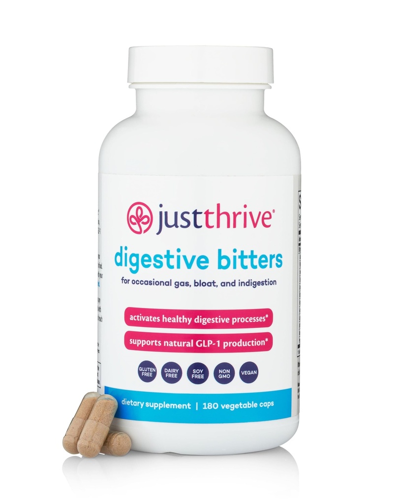 Just Thrive Digestive Bitters Supports Digestion, GLP-1, Eases Bloating, Gut Health, Metabolism & Nutrient Absorption 12 Herbal Extracts 180 Caps