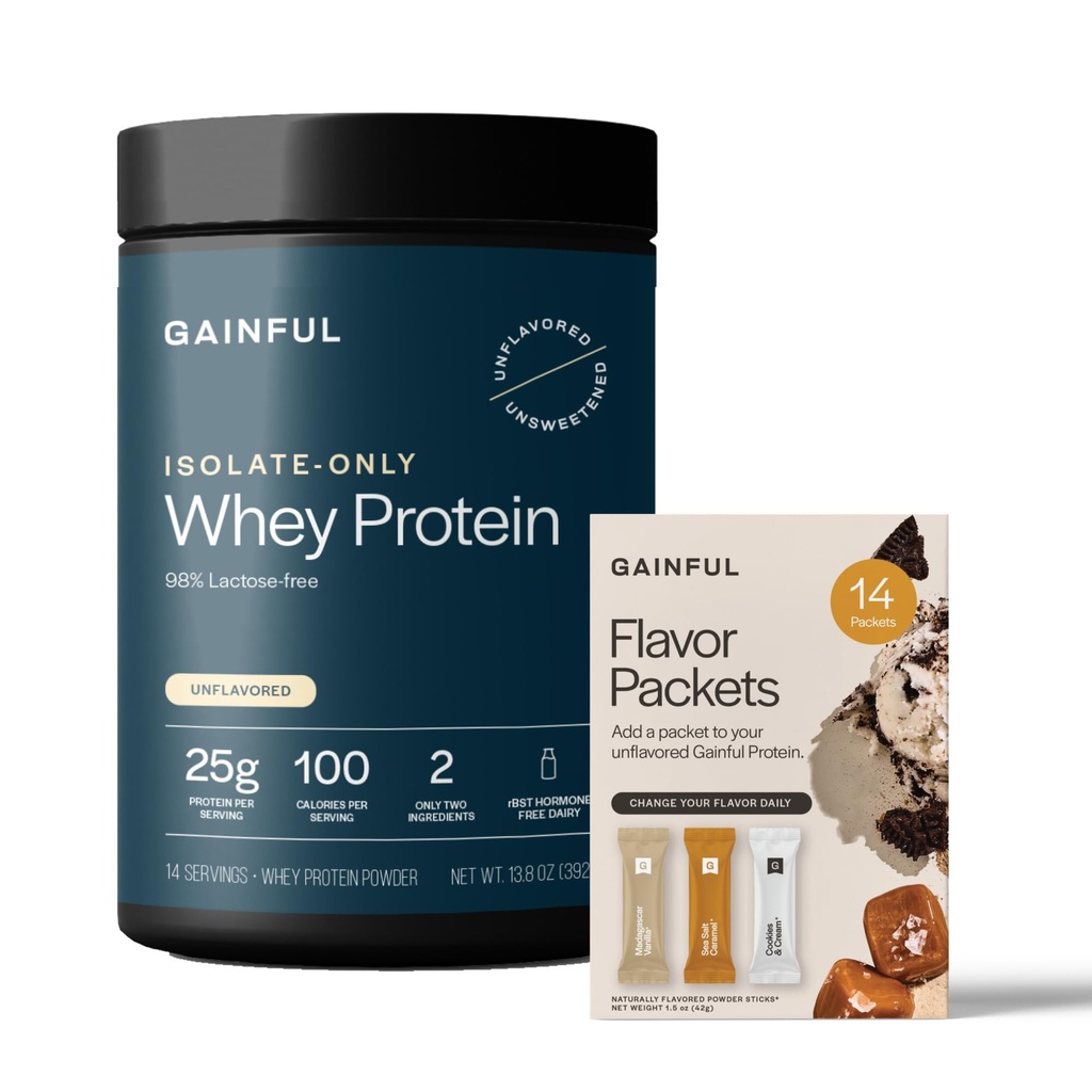 Gainful Isolate Only Whey Protein Powder + Sweet Treat Flavor Bundle, 25g Clean Protein, Supports Lean Muscle and Recovery, Virtually Lactose-Free, Ultra Versatile, 14 Servings + 14 Flavor Sticks