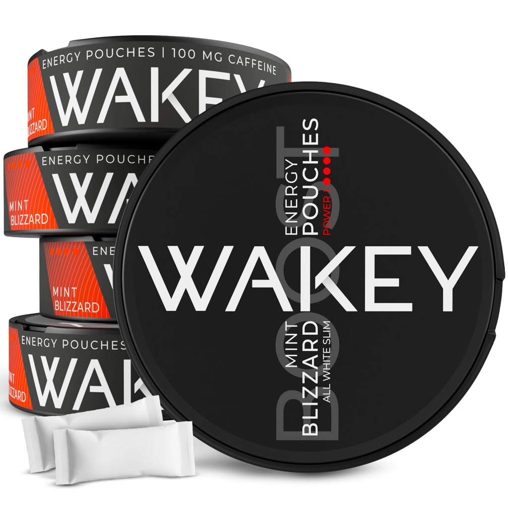 Wakey Energy Caffeine Pouches | 100mg Caffeine | Vitamin A, C, D, B12, Thiamin (Vitamin B1) | Zero Sugar - 20 Nicotine Free Pouches (5 Pack) (Blizzard Mint Boost 100mg)