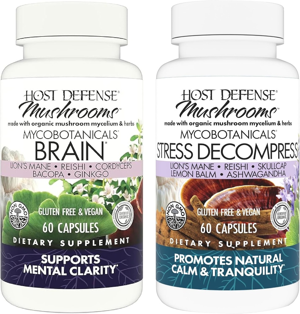 Host Defense Bundle with MycoBotanicals Cerveau* Capsules, 60 Count & MycoBotanicals Stress Decompress* Capsules, 60 Count - Support Mémoire & Focus - Support Détente*
