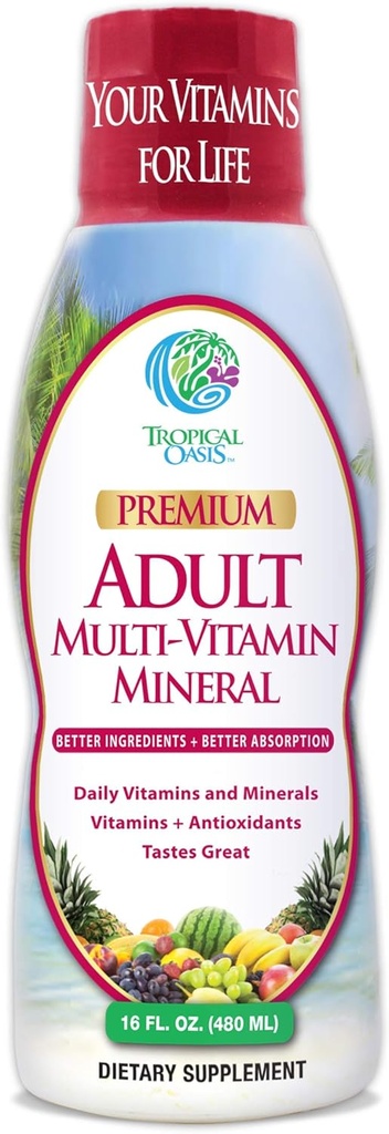 Oasis tropicale Multivitamine liquide adulte -Liquide Multivitamine et supplément minéral avec 125 nutriments totaux comprenant 85 vitamines et minéraux, 23 acides aminés et 18 herbes - 16 fl oz, 32 serv