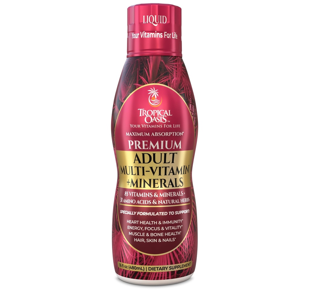 Oasis tropicale Multivitamine liquide adulte -Liquide Multivitamine et supplément minéral avec 125 nutriments totaux comprenant 85 vitamines et minéraux, 23 acides aminés et 18 herbes - 16 fl oz, 32 serv