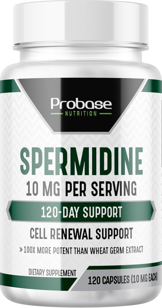 Probase Nutrition Spermidine (10mg de 99% Spermidine 3HCL - Testé par une tierce partie) 120 Capsules - 100x Extrait de germe de blé, Telomere Santé et Vieillissement 120 jours - Aussi efficace que NMN