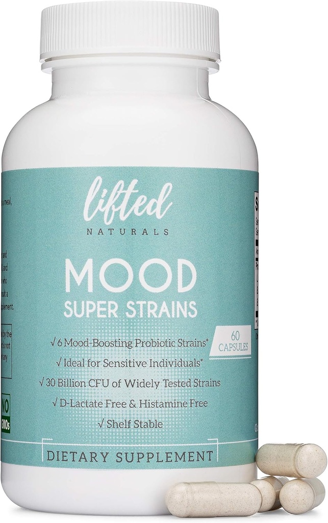 Probiotiques - Mood Super Strains Probiotique - Soutient naturellement la digestion et l'humeur - Probiotiques sans histamine avec Rhamnosus GG, supplément probiotique stable de la plate-forme, 60 jours d'approvisionnement, non-OGM, végétalien