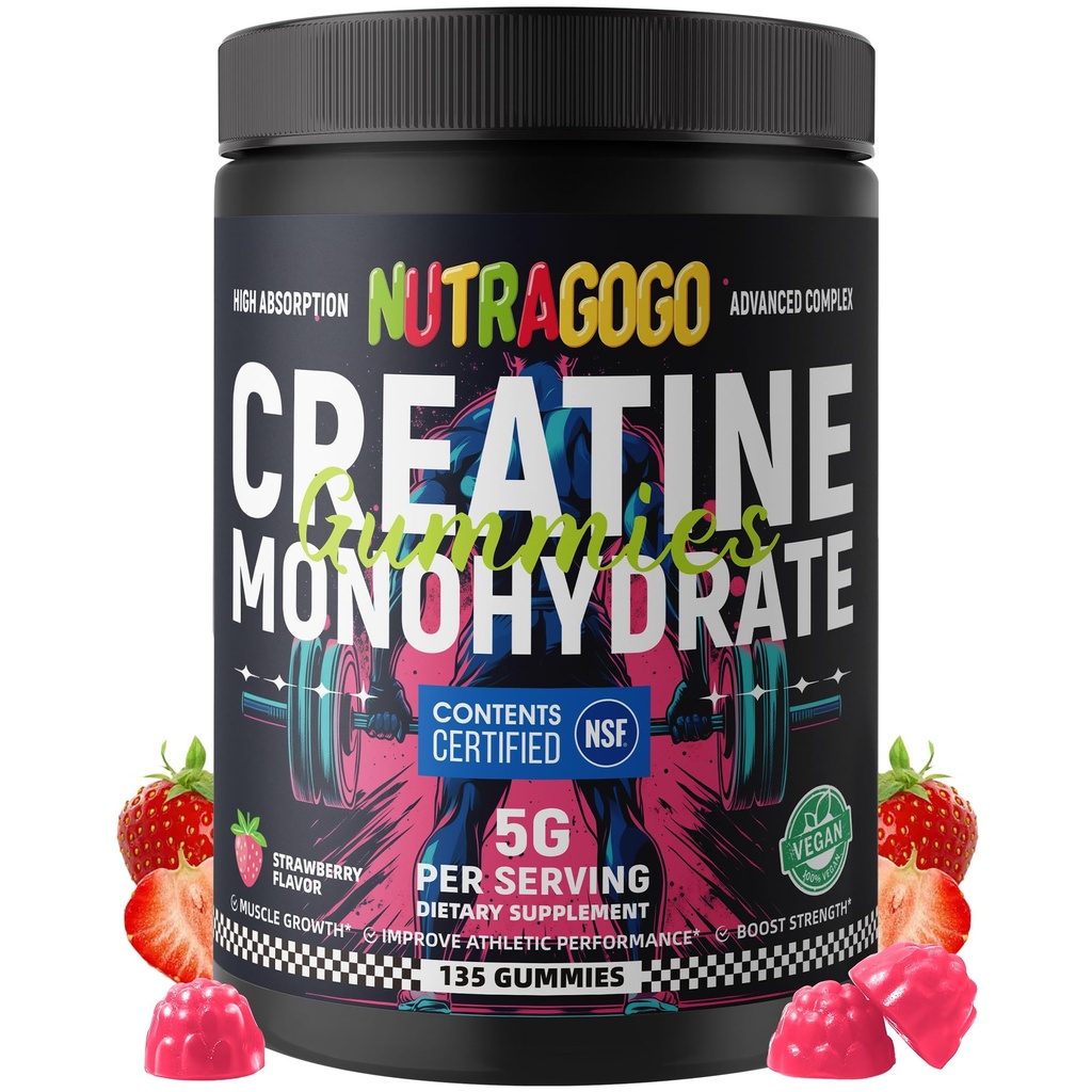 NSF Certified Creatine Gummy - Creatine Monohydrate Gummies for Men & Women-5g of Creatine Monohydrate per Serving - Sugar Free,Vegan, Strawberry Electrolyte Chews, 135 Count