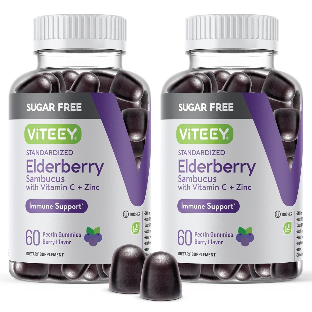 VITEEY Sambucus Gommies de mûre aînée pour adultes et adolescents + zinc et vitamine C - Sans sucre - Supplément à base de plantes immunosupport et booster - végétalien, sans gluten, sans gélatine, sans OGM, aromatisé aux baies à croquer