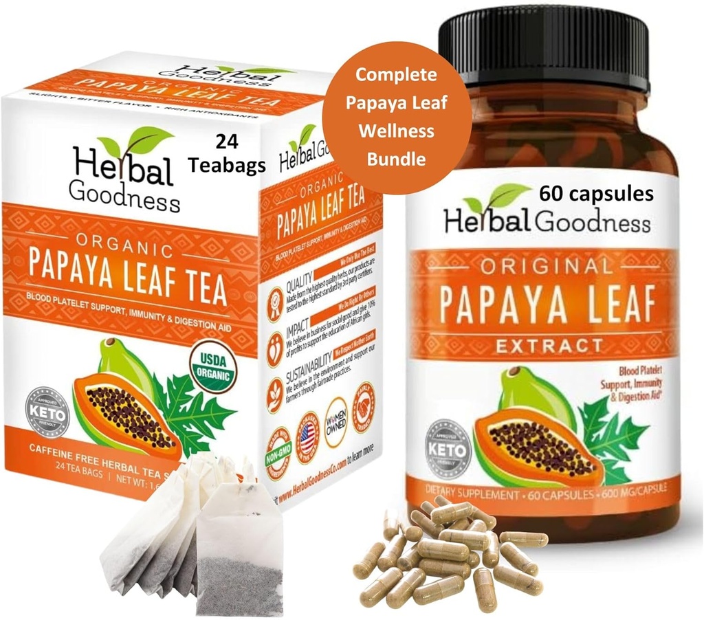 Papaya Leaf Extract Capsule et Papaya Leaf Tea Bundle - Soutenir complètement la santé immunitaire et le mieux-être digestif