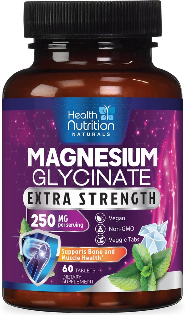 Magnésium Glycinat 250mg - 100% Magnésium chélaté pour Absorption Max - Soutien du sommeil, Muscle, Nerves, Bone & Heart Health Support, Meilleur supplément Mag, Vegan Non-OGM, 3ème partie testée - 60 comprimés