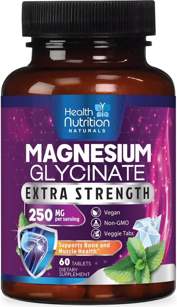 Magnésium Glycinat 250mg - 100% Magnésium chélaté pour Absorption Max - Soutien du sommeil, Muscle, Nerves, Bone & Heart Health Support, Meilleur supplément Mag, Vegan Non-OGM, 3ème partie testée - 60 comprimés