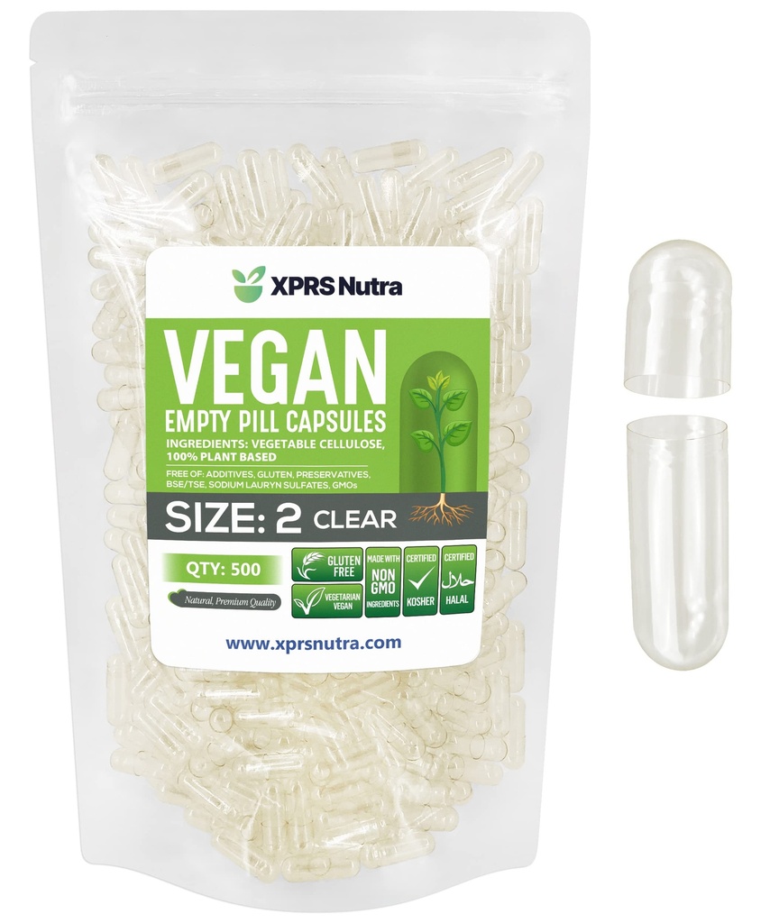 XPRS Nutra Size 2 Empty Capsules - 500 Clear Empty Vegan Capsules - Vegetarian Pill - Do-It-Yourself Vegetable Caps Filling for Supplements and Vitamins - Veggie Pills