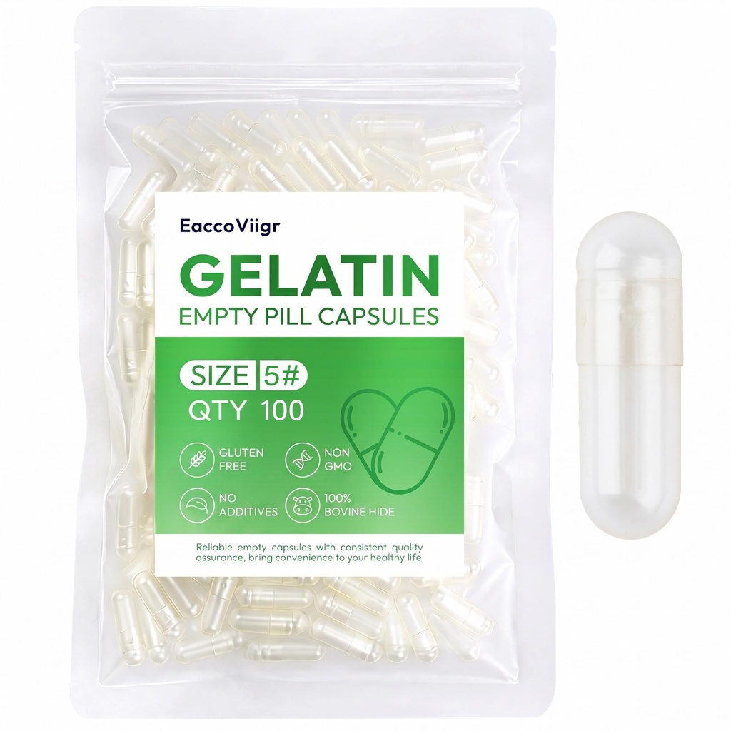 Size 5 Gelatin Empty Capsules - 100 Count Clear Empty Pill Capsules, Fillable Empty Gel Capsule for Homemade Vitamins & Powders, Easy for DIY Supplements