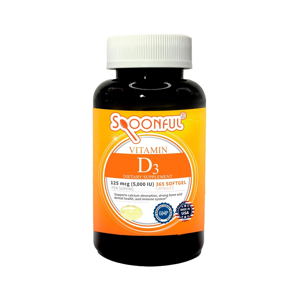 Spoonful Vitamin D3 with Coconut Oil 1-Year Supply 365 Softgel Capsules, Bone Health and Immune System Support, Made in USA (1 PK), 5000 IU/125mcg