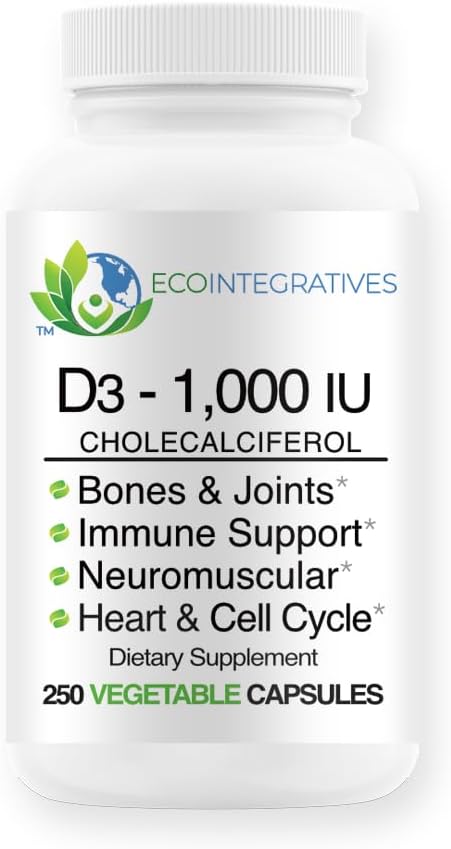 Vitamine D3-1000 UI 25 mcg (Cholecalciferol) Soutien hypoallergénique des muscles, des os et des dents, du sein, de la prostate, de la cardiovasculaires, du colon et de la santé immunitaire (250 gélules de Veggie)