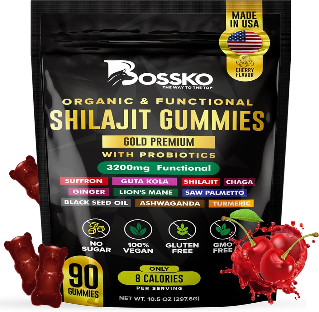 3200 MG Pure Himalayan Shilajit Gommies organiques pour hommes et femmes avec probiotiques & Magnésium Ashwagnadha Chaga Turmeric Fulvic Acid 105+ Trace Minerals I Vegan Non-GMO I Lab testé I 90 Comte