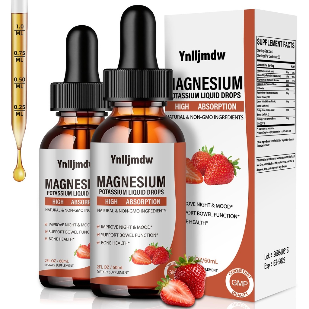 Glycinat de magnésium gouttes liquides, 1000 mg de supplément de magnésium liquide avec bromelain, vitamine B6 C D, complexe de magnésium à haute absorption pour la nuit, le muscle et le soutien énergétique, 2 Fl Oz (paquet de 2)