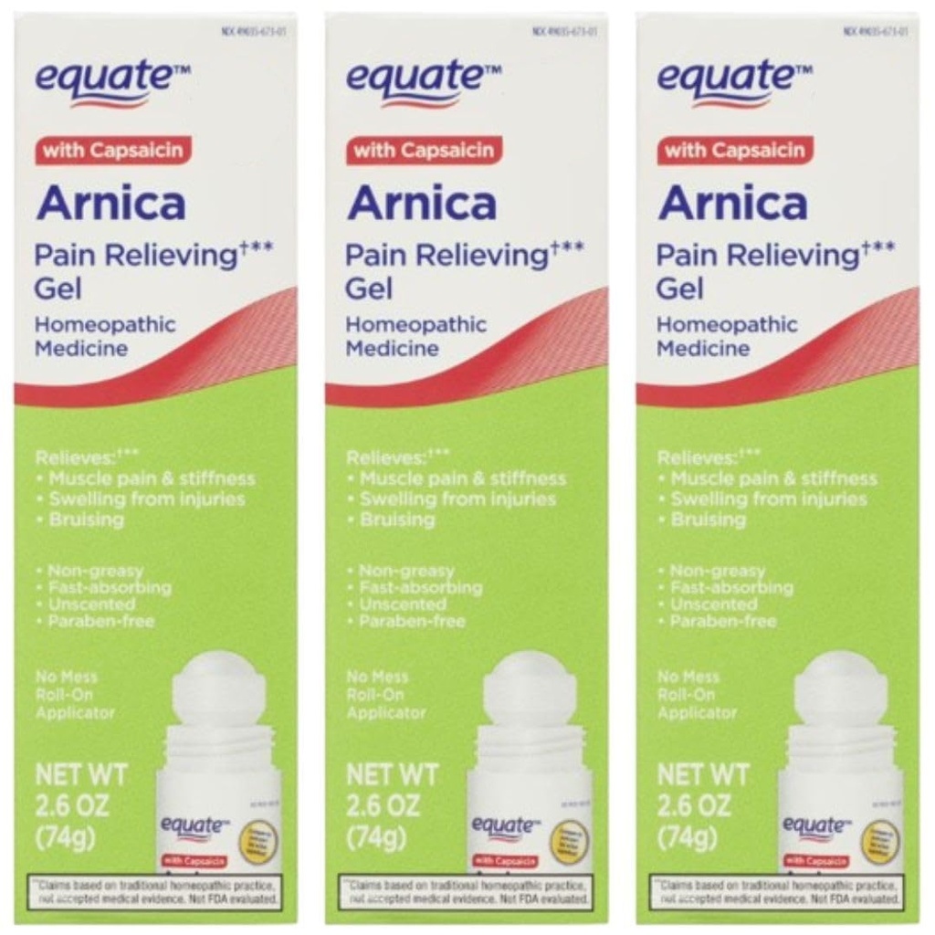 Equate Arnica Pain Relieving Gel with Capsaicin, Homeopathic Medicine, Roll-On Applicator, Unscented, 2.6 oz, 3 Pack