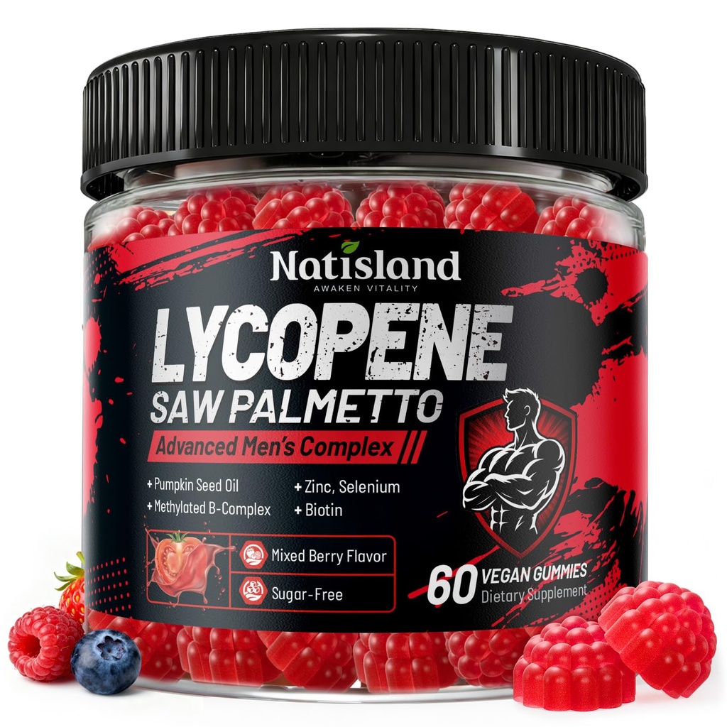 Lycopene & Saw Palmetto for Men, Prostate & Hair Support, Lycopene Supplements for Men with Pumpkin Seed Oil, Biotin, Methylfolate, B12, Zinc, Selenium, DHT Blocker, Sugar Free, 60 Gummies