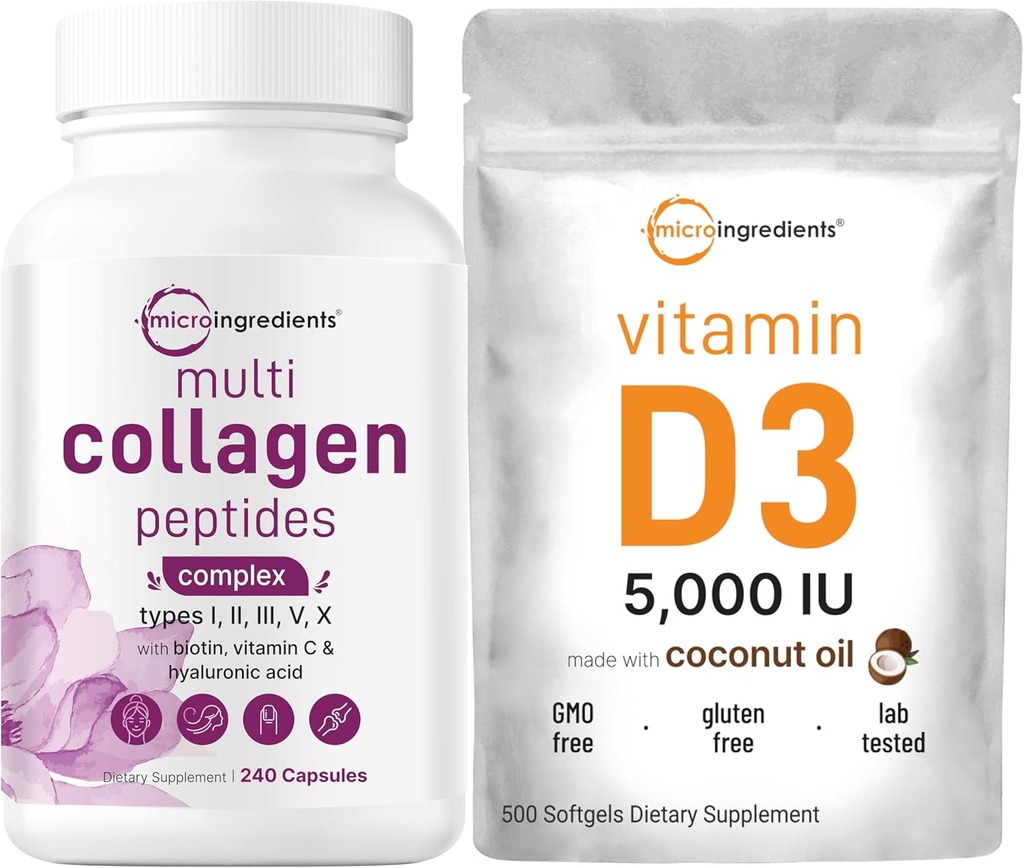 Micro-ingrédients Pilules multicollagènes et vitamine D3 5 000 UI Pack d'emballages de colles à l'herbe