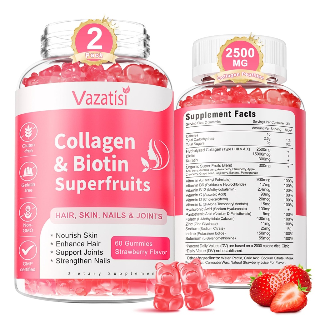 2 Pack sans sucre Gommies de collagène pour les femmes hommes, multi collagène Peptides Gommies Type I II III V X avec biotine vitamine A B C D E pour ongles de peau de cheveux, goût de fraise, 120 Compte