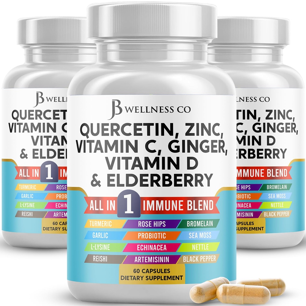 JB Wellness Co Quercetin Zinc Vitamin C Vitamin D Bromelain Elderberry - Nettle Supplement with Artemisinin, Sea Moss, Echinacea - 180 Count