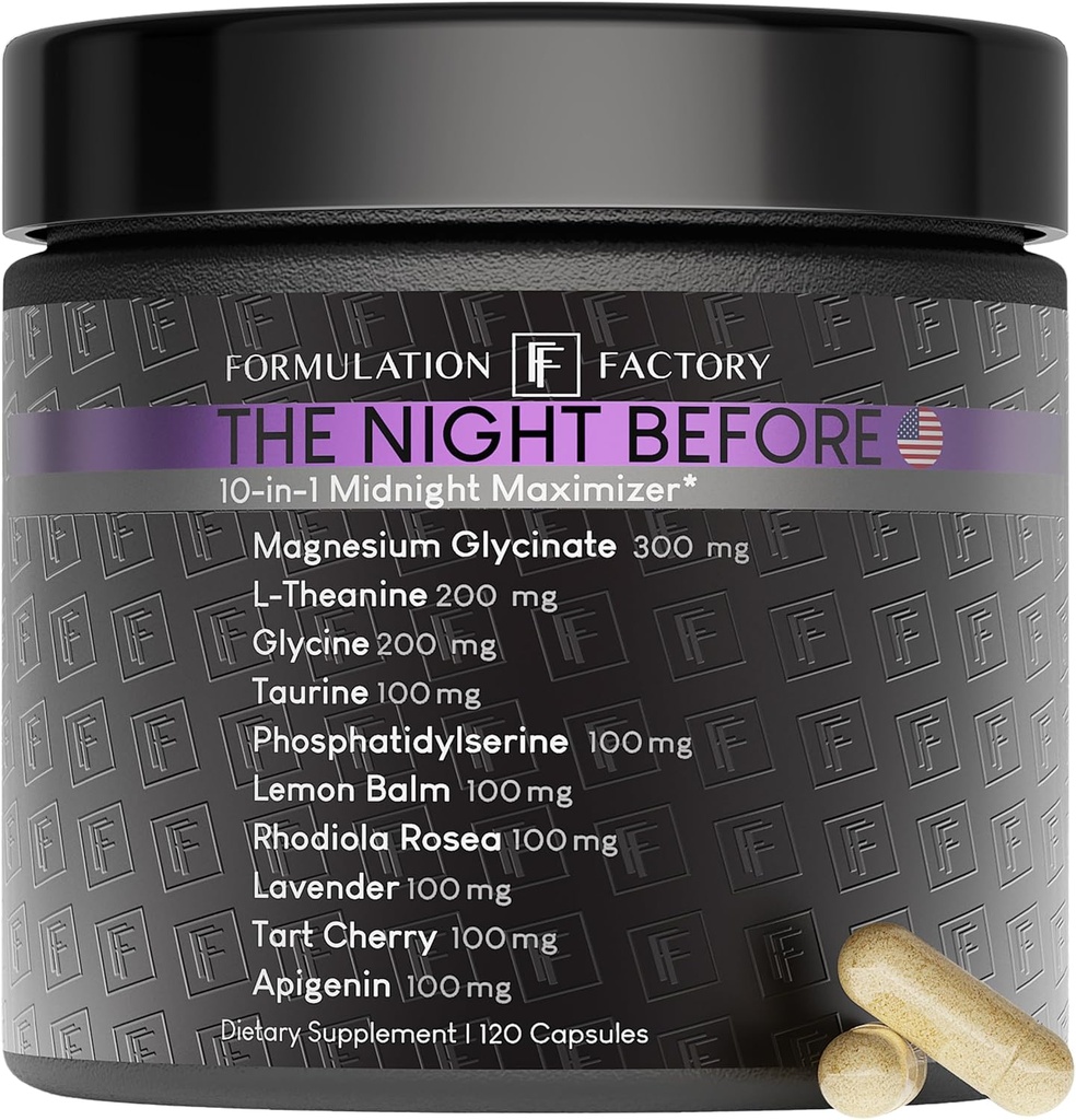 La nuit avant 10-en-1 Maximiseur de nuit aide au sommeil, soulagement du stress, cognition, relaxation, récupération, focus, glycinate de magnésium, L-Theanine et plus, (120 capsules – 2 mois d'approvisionnement)