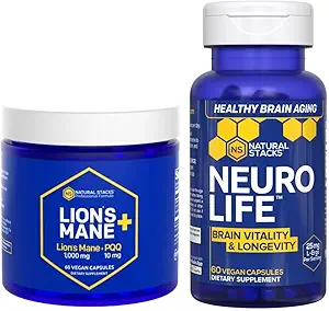 STACKS NATURAUX Lions Mane+ Champignon + Supplément NeuroLife - Supporte Mémoire, Vitalité et Longévité - 120 Capsules Total