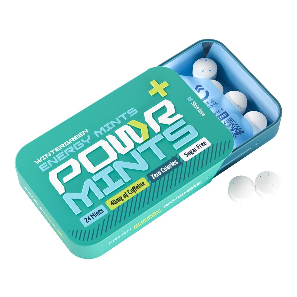 POWR Energy Mints, Wintergreen Flavor - 24 Mints, 40mg Caffeine per Mint, Sugar Free, Zero Calories, No Aspartame - Pocket Energy for Pre-Workout, Cycling, Running, Endurance - Focus & Energy -
